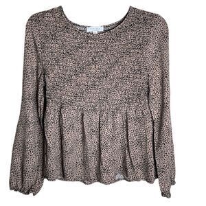 Kirious Smocked Top Size M Brown Black Animal Print Long Sleeves